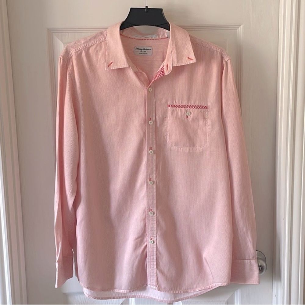 Tommy Bahama Island Chapter Mens Large Long Sleeve Button Up Striped Red/White